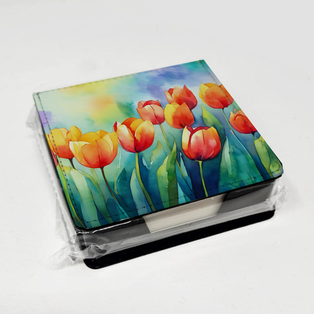 Tulips in Watercolor PU Leather Note Paper Holder with Artist-Designed Cover, Desk Accessory, Office Gift