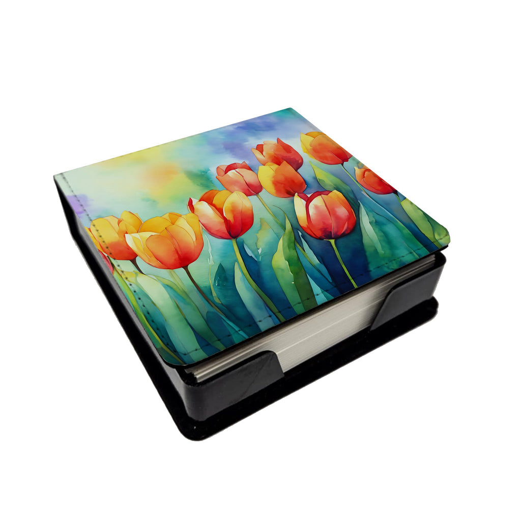 Tulips in Watercolor PU Leather Note Paper Holder with Artist-Designed Cover, Desk Accessory, Office Gift