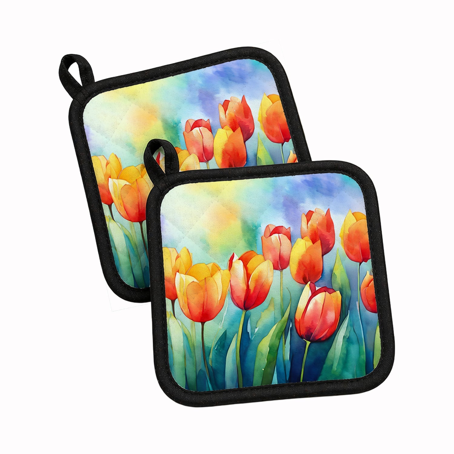 Tulips in Watercolor Pot Holder Set of 2 Heat Resistant Quilted Hot Pads 7.5 x 7.5 Inch, Insulated Kitchen Trivets for Cooking & Baking