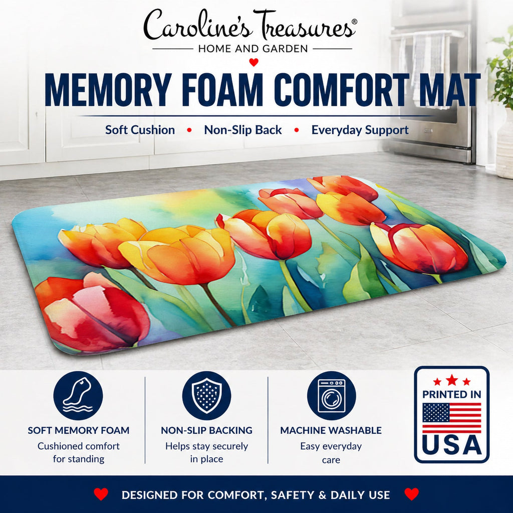 Tulips in Watercolor Memory Foam Kitchen Mat Machine Washable Anti-Fatigue Cushion Comfort Bath or Kitchen Rug