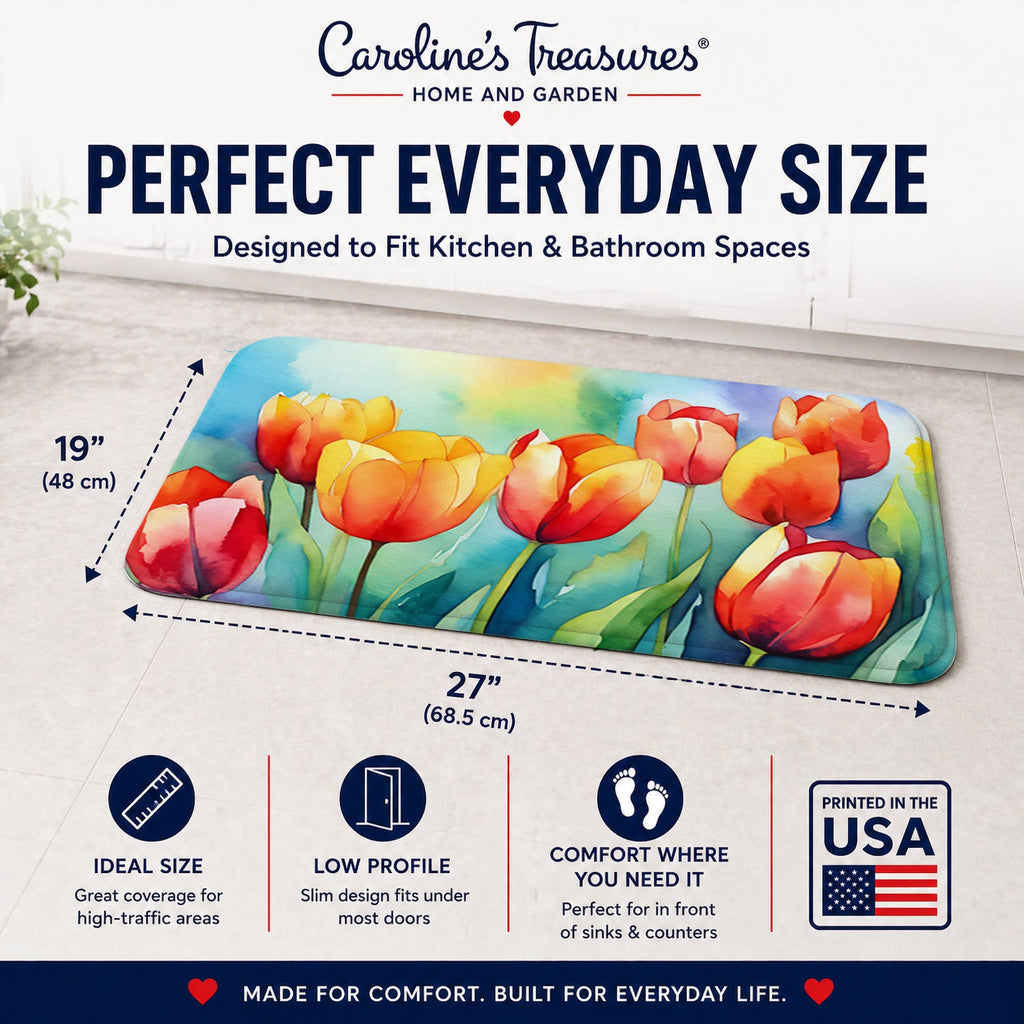 Tulips in Watercolor Memory Foam Kitchen Mat Machine Washable Anti-Fatigue Cushion Comfort Bath or Kitchen Rug