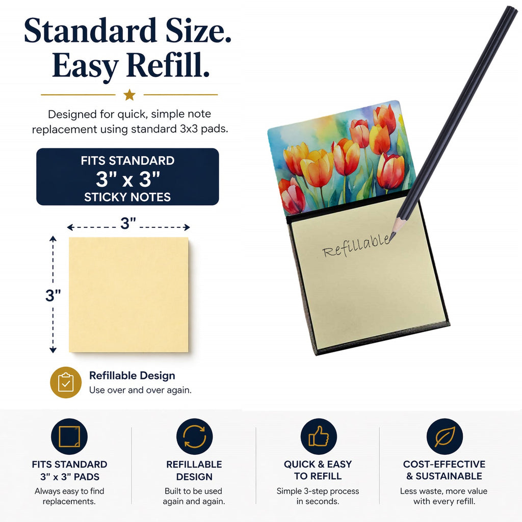 Tulips in Watercolor Watercolor Sticky Note Holder Refillable Dispenser Desk Accessory 3x3 Pad Gift