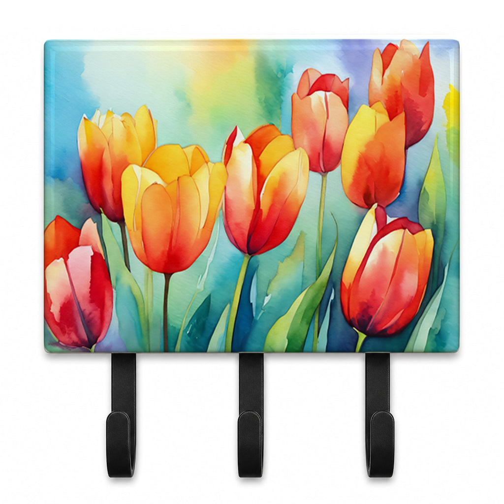 Tulips in Watercolor Leash or Key Holder Wall Hooks, Coat Rack Wall Mount, for Hanging Keys, Towels, Aprons, Leashes