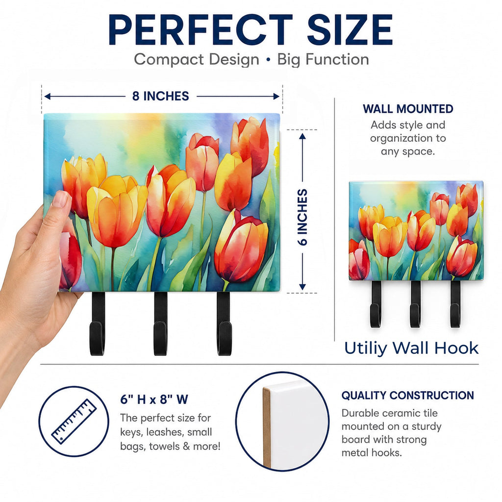 Tulips in Watercolor Leash or Key Holder Wall Hooks, Coat Rack Wall Mount, for Hanging Keys, Towels, Aprons, Leashes