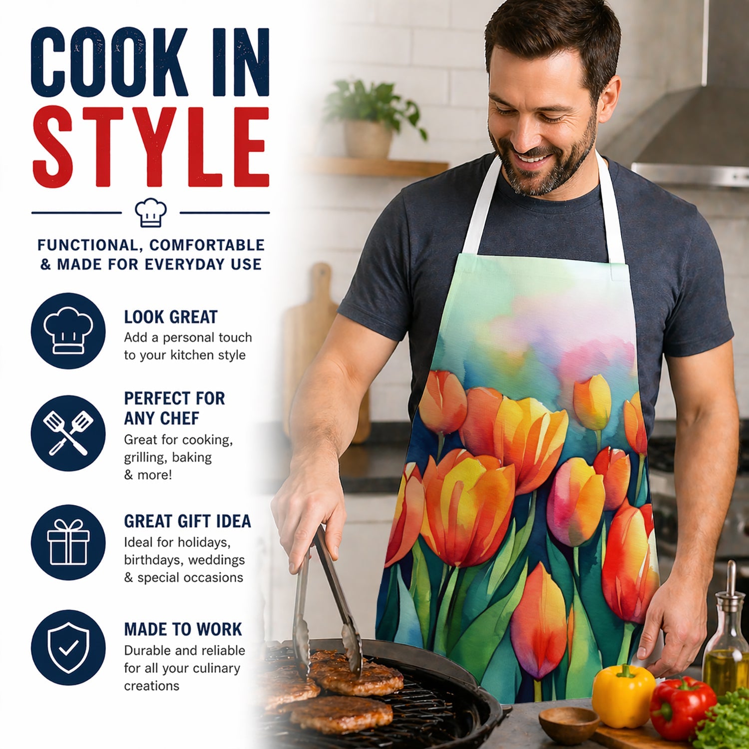 Tulips in Watercolor Apron Cooking Kitchen Server Baking Crafts Gardening for Adult Women Men, Unisex, Large, Multicolor