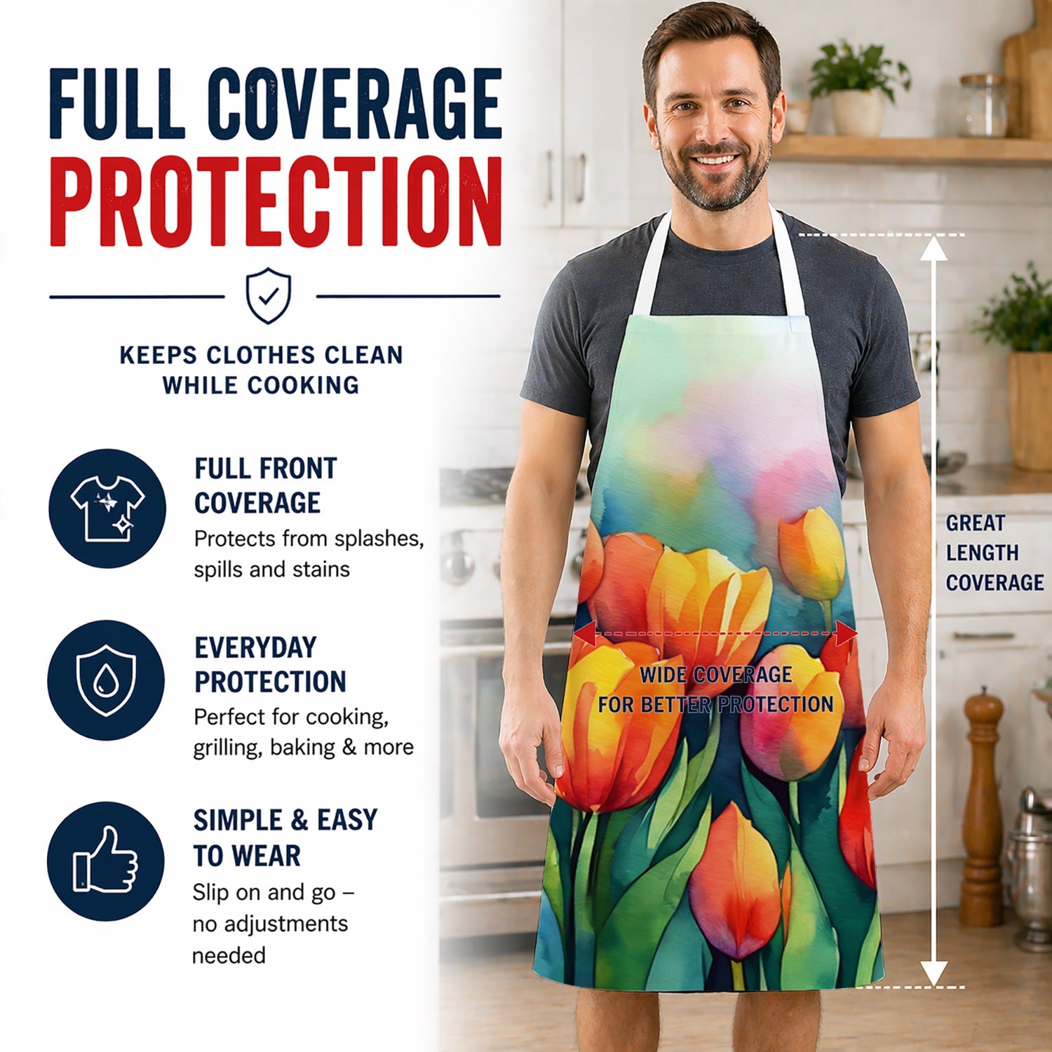 Tulips in Watercolor Apron Cooking Kitchen Server Baking Crafts Gardening for Adult Women Men, Unisex, Large, Multicolor