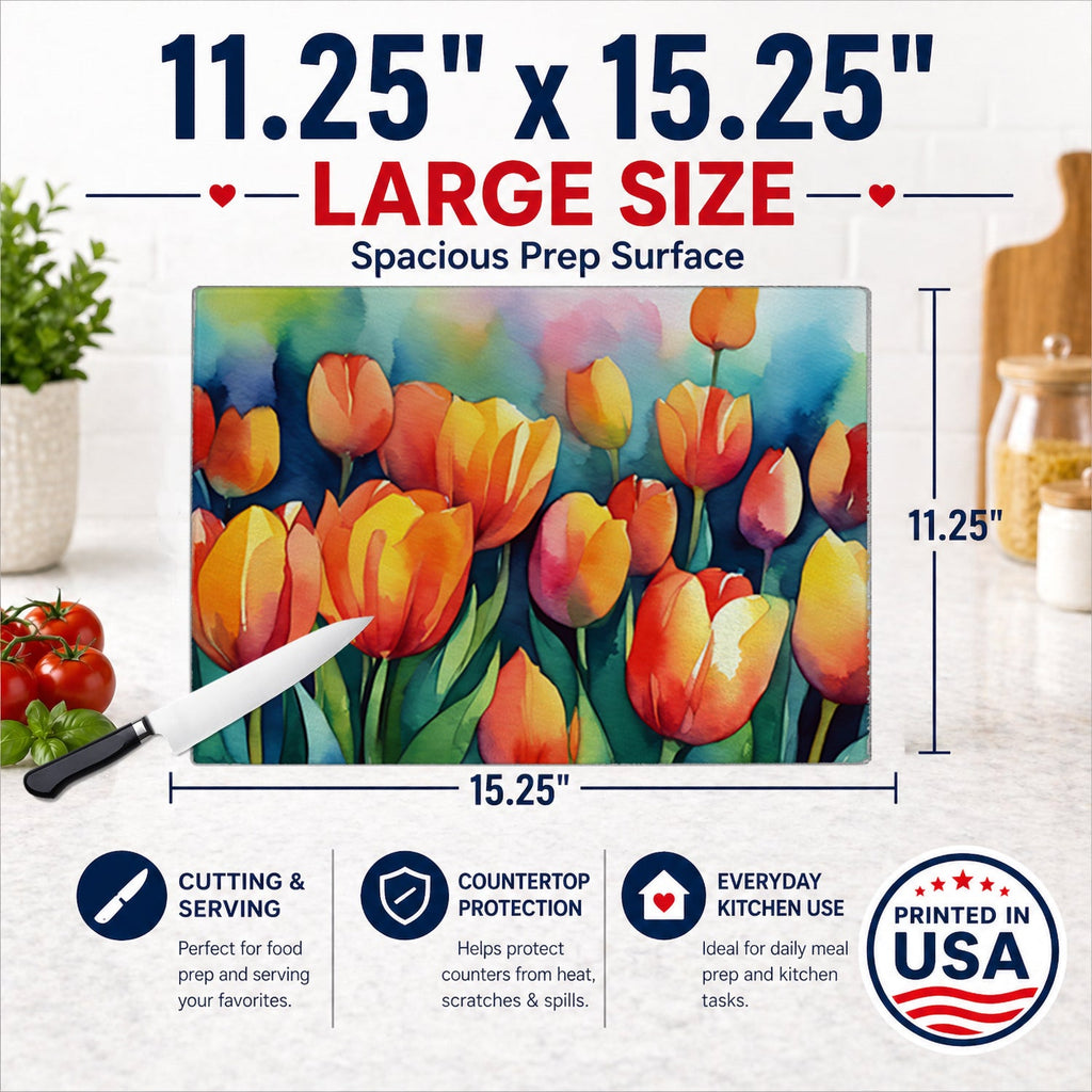 Tulips in Watercolor Cutting Board Tempered Glass Kitchen Cutting Surface, Heat Resistant Chopping, Non-Slip Feet, Food Prep & Serving