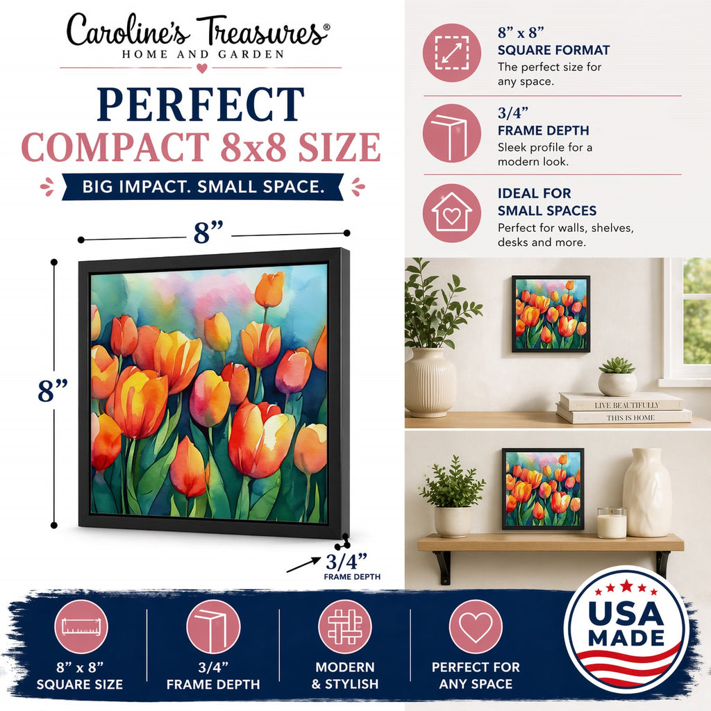 Tulips in Watercolor Framed Metal Print Bathroom, Kitchen, Office, Home Decor Wall Art Ready to Hang, Square, 8X8