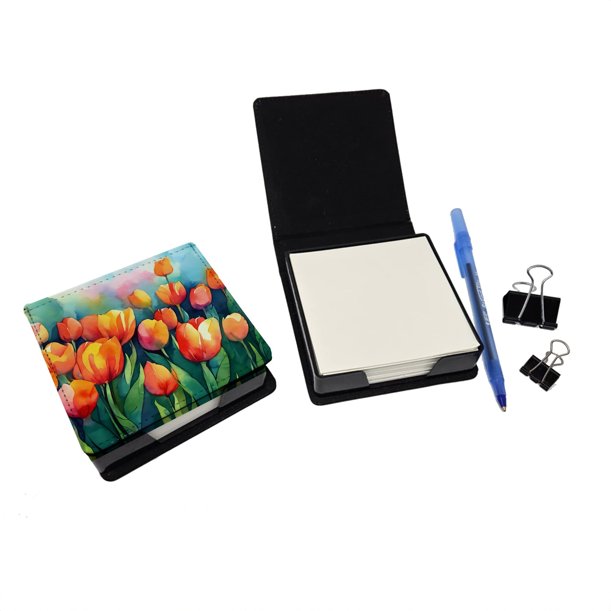 Tulips in Watercolor PU Leather Note Paper Holder with Artist-Designed Cover, Desk Accessory, Office Gift