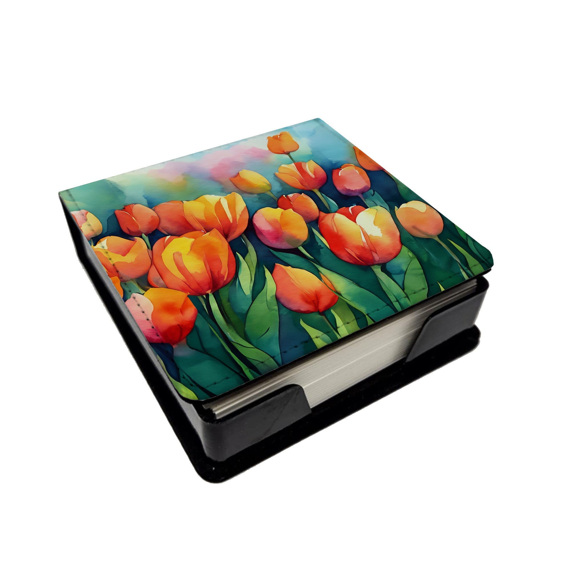Tulips in Watercolor PU Leather Note Paper Holder with Artist-Designed Cover, Desk Accessory, Office Gift