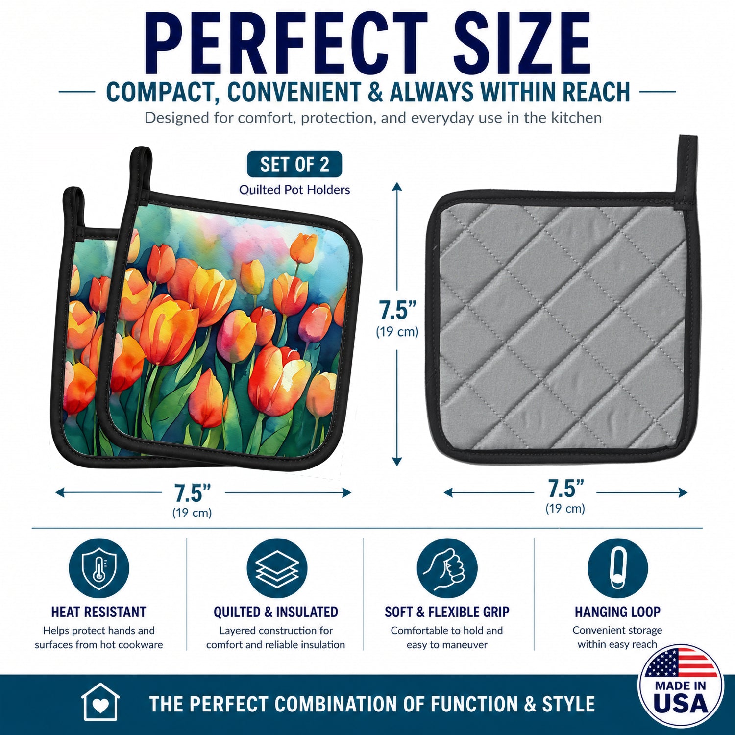 Tulips in Watercolor Pot Holder Set of 2 Heat Resistant Quilted Hot Pads 7.5 x 7.5 Inch, Insulated Kitchen Trivets for Cooking & Baking
