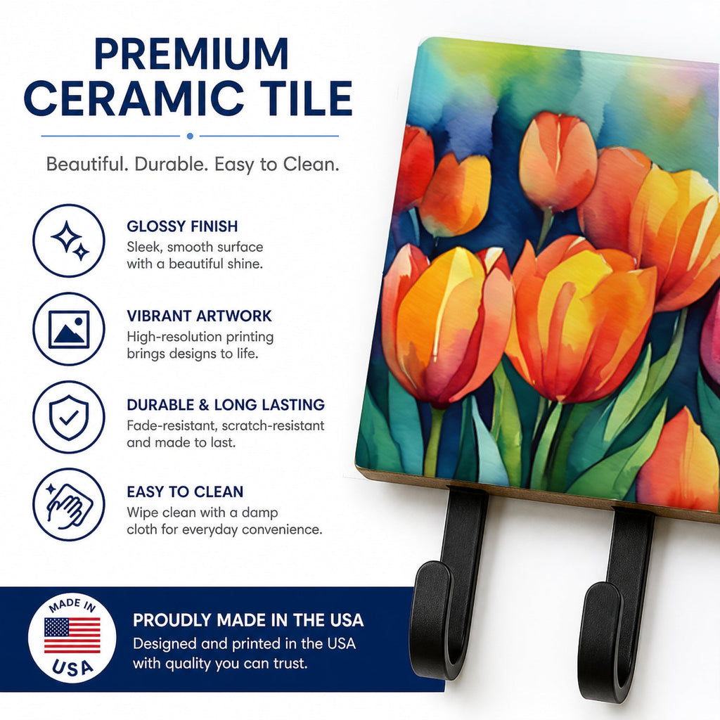 Tulips in Watercolor Leash or Key Holder Wall Hooks, Coat Rack Wall Mount, for Hanging Keys, Towels, Aprons, Leashes
