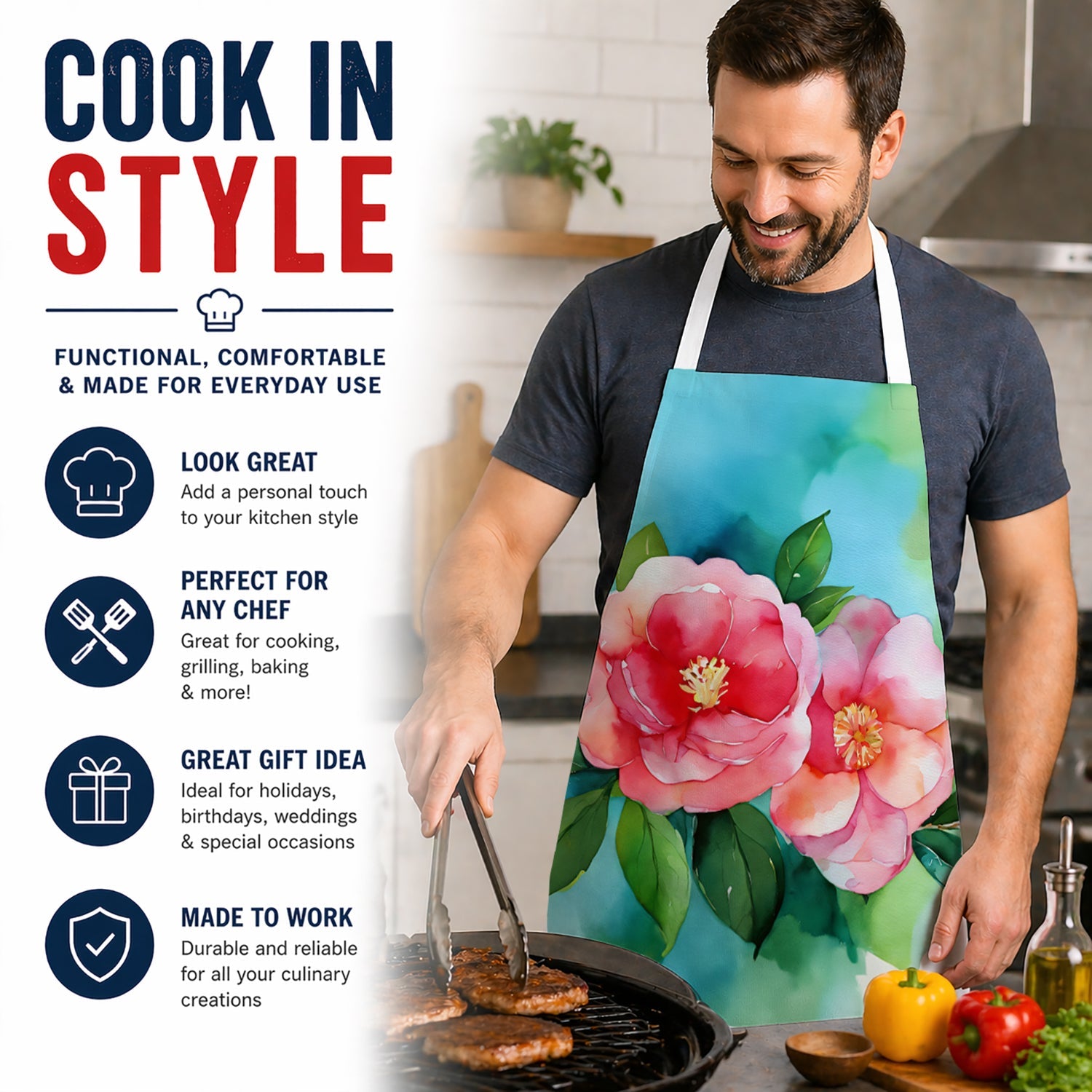 Alabama Camellia in Watercolor Apron Cooking Kitchen Server Baking Crafts Gardening for Adult Women Men, Unisex, Large, Multicolor