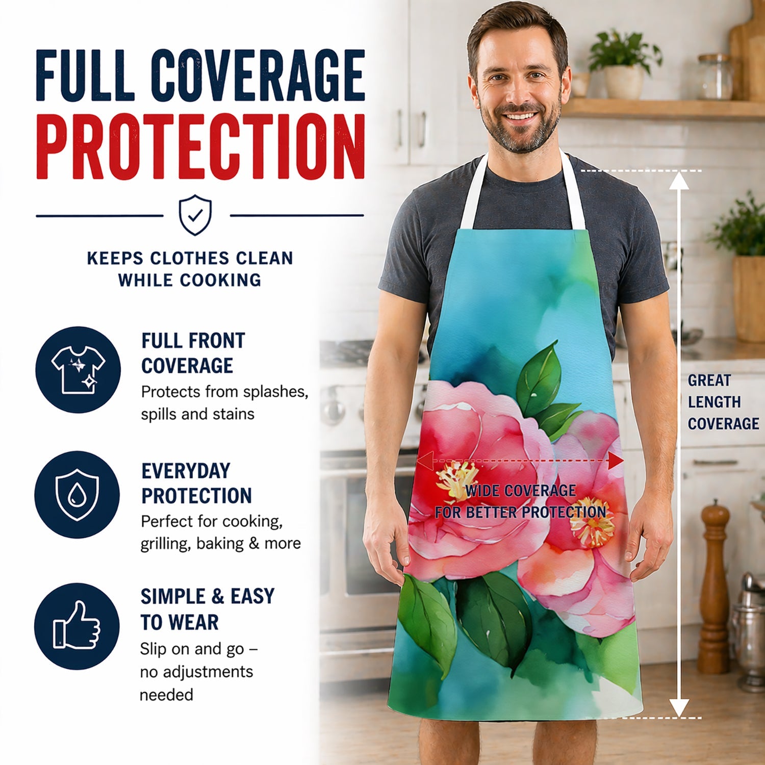 Alabama Camellia in Watercolor Apron Cooking Kitchen Server Baking Crafts Gardening for Adult Women Men, Unisex, Large, Multicolor