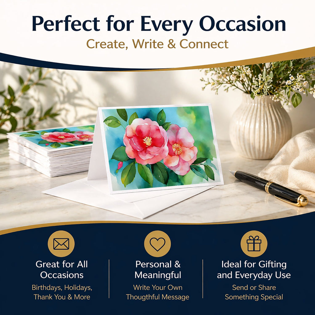 Alabama Camellia in Watercolor Greeting Cards Pack of 8 Blank Cards with Envelopes Whimsical A7 Size 5x7