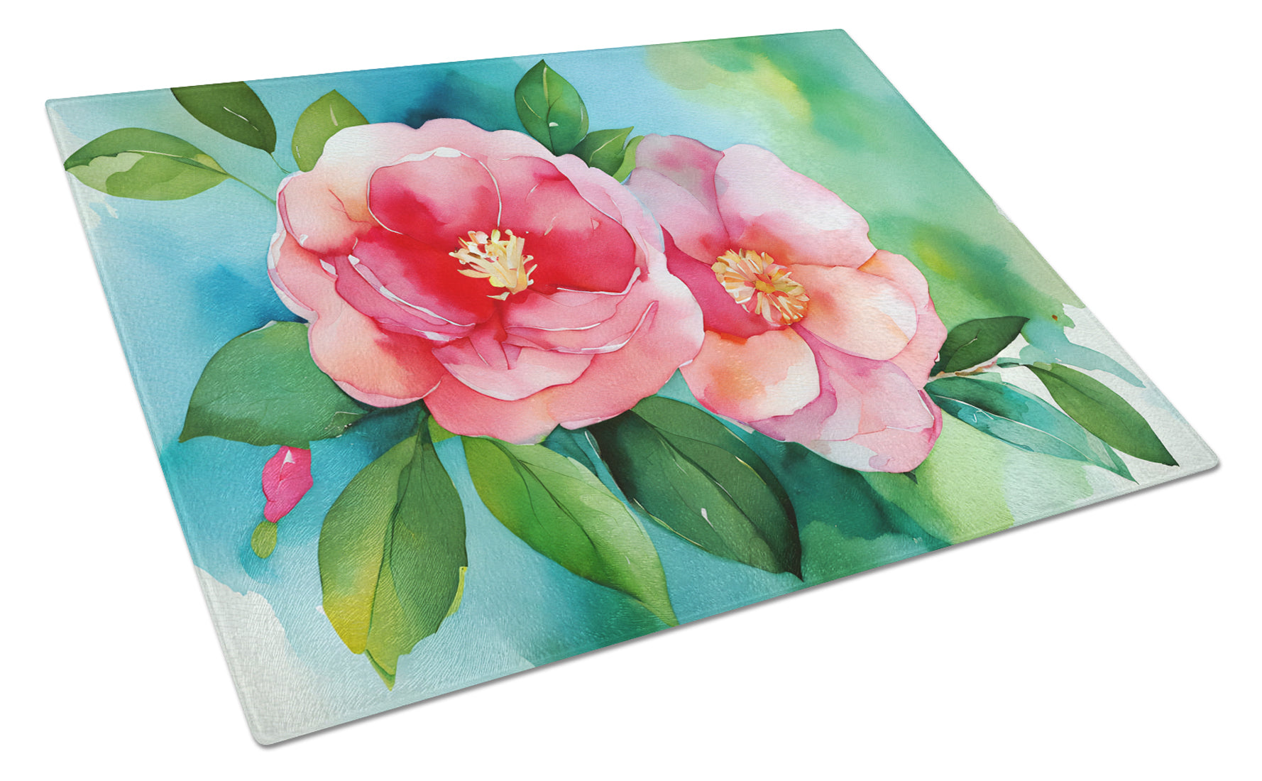 Alabama Camellia in Watercolor Cutting Board Tempered Glass Kitchen Cutting Surface, Heat Resistant Chopping, Non-Slip Feet, Food Prep & Serving