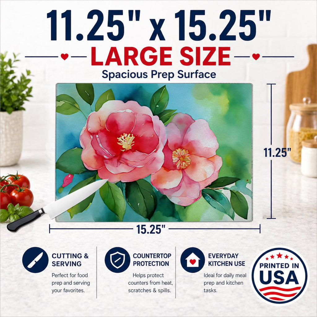 Alabama Camellia in Watercolor Cutting Board Tempered Glass Kitchen Cutting Surface, Heat Resistant Chopping, Non-Slip Feet, Food Prep & Serving