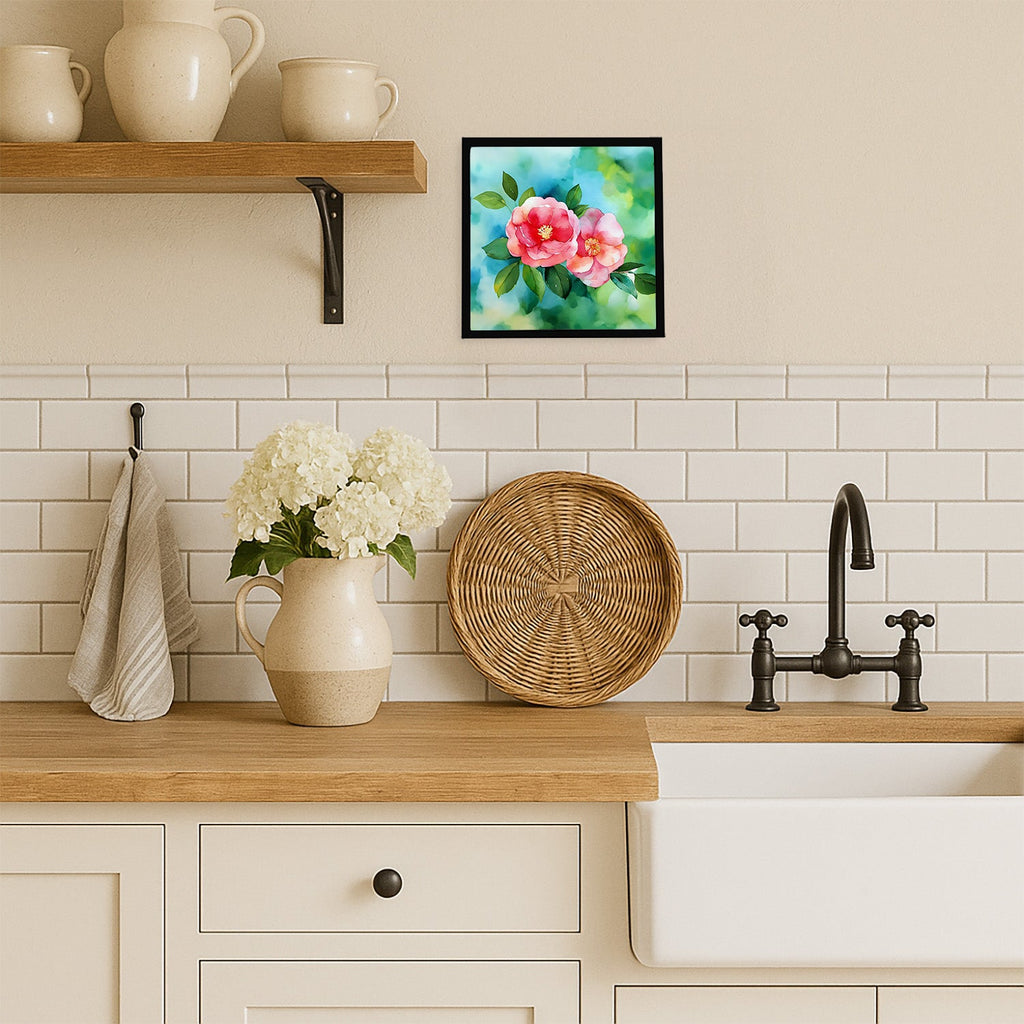 Alabama Camellia in Watercolor Framed Metal Print Bathroom, Kitchen, Office, Home Decor Wall Art Ready to Hang, Square, 8X8
