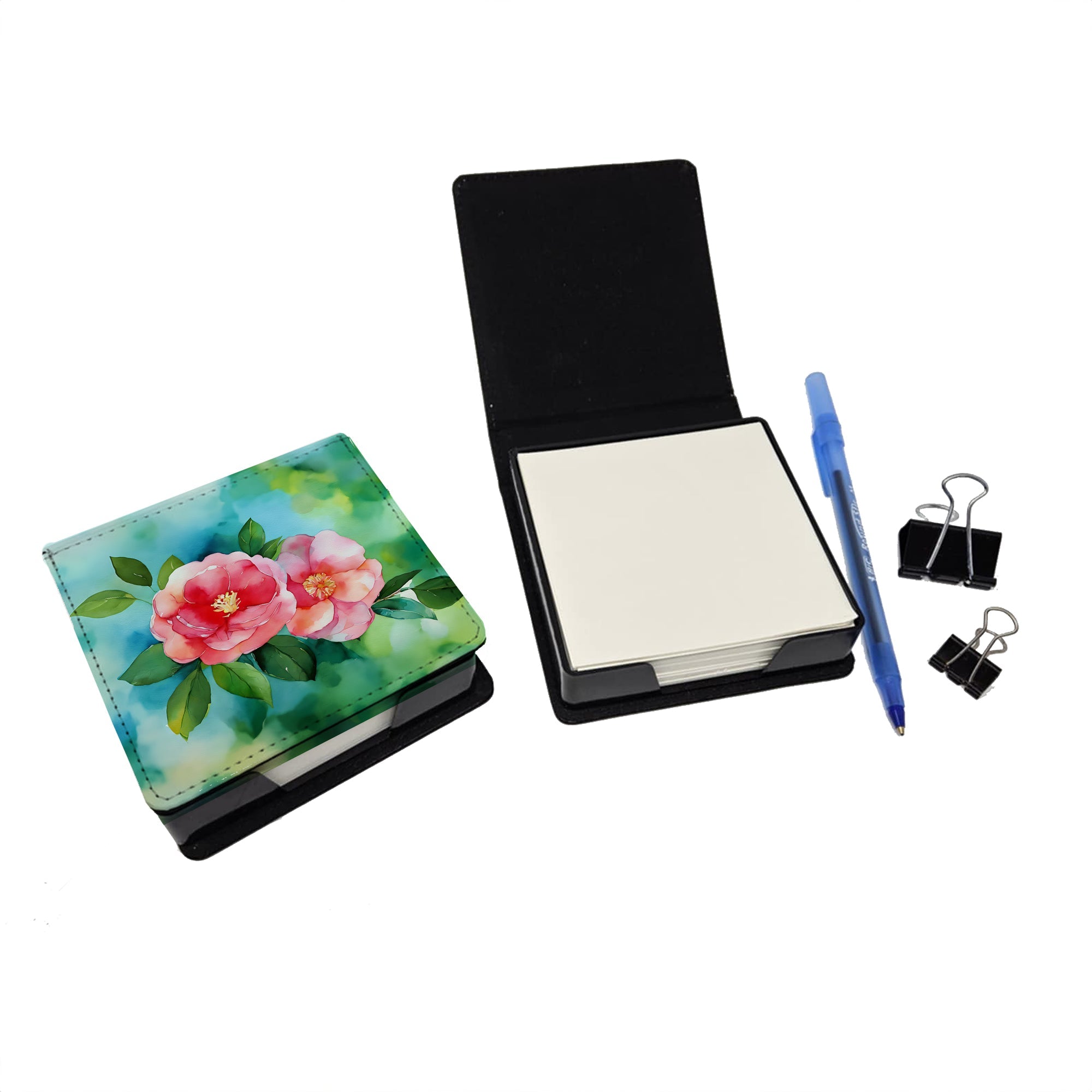 Alabama Camellia in Watercolor PU Leather Note Paper Holder with Artist-Designed Cover, Desk Accessory, Office Gift