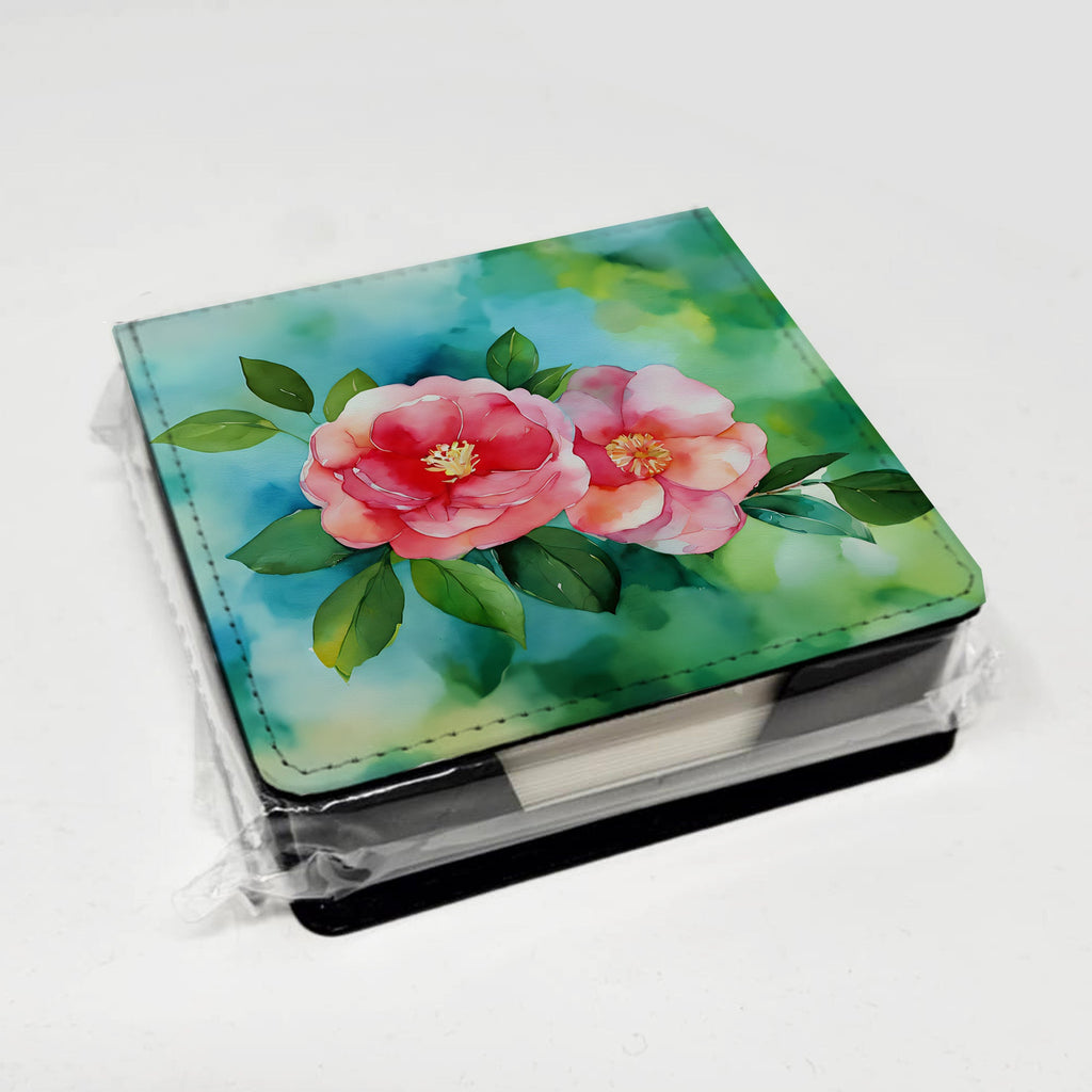 Alabama Camellia in Watercolor PU Leather Note Paper Holder with Artist-Designed Cover, Desk Accessory, Office Gift