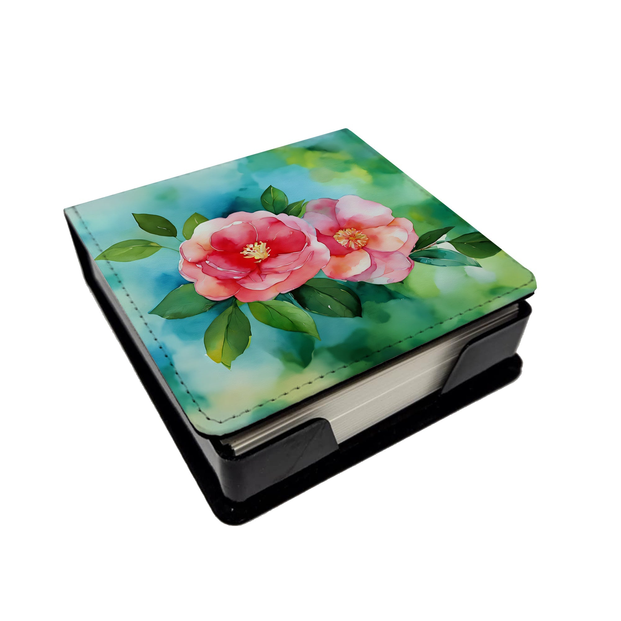 Alabama Camellia in Watercolor PU Leather Note Paper Holder with Artist-Designed Cover, Desk Accessory, Office Gift