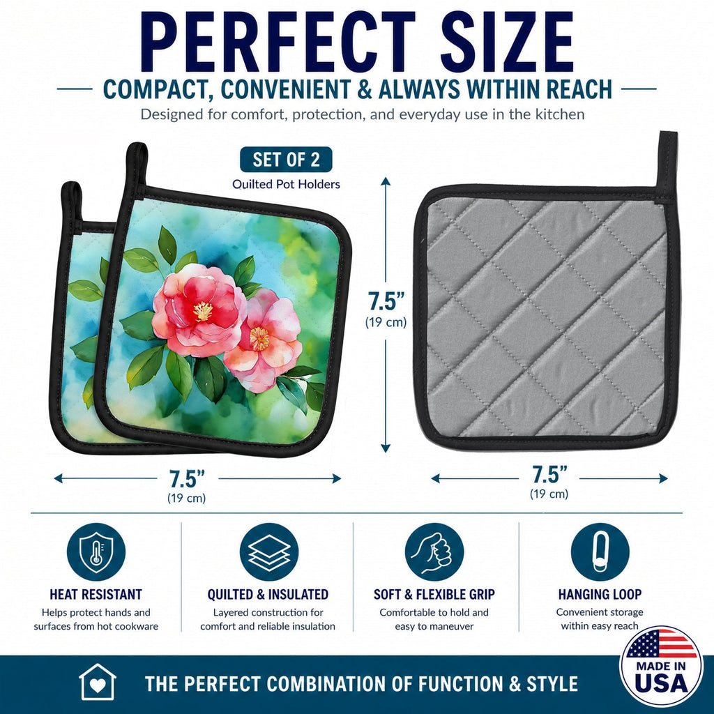 Alabama Camellia in Watercolor Pot Holder Set of 2 Heat Resistant Quilted Hot Pads 7.5 x 7.5 Inch, Insulated Kitchen Trivets for Cooking & Baking