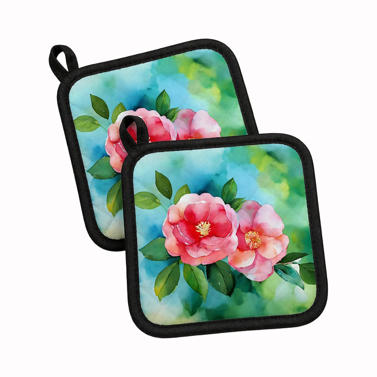 Alabama Camellia in Watercolor Pot Holder Set of 2 Heat Resistant Quilted Hot Pads 7.5 x 7.5 Inch, Insulated Kitchen Trivets for Cooking & Baking