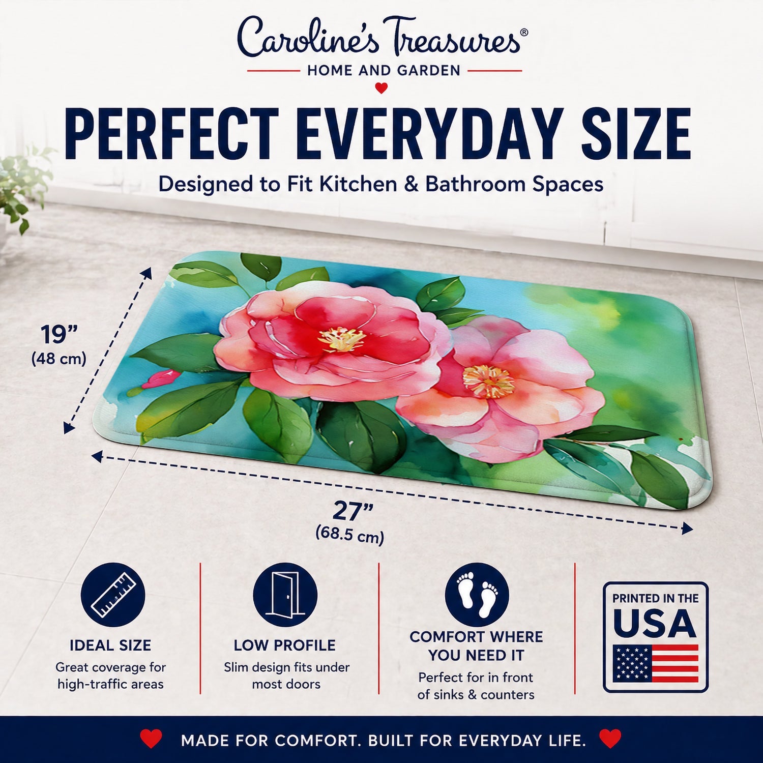 Alabama Camellia in Watercolor Memory Foam Kitchen Mat Machine Washable Anti-Fatigue Cushion Comfort Bath or Kitchen Rug