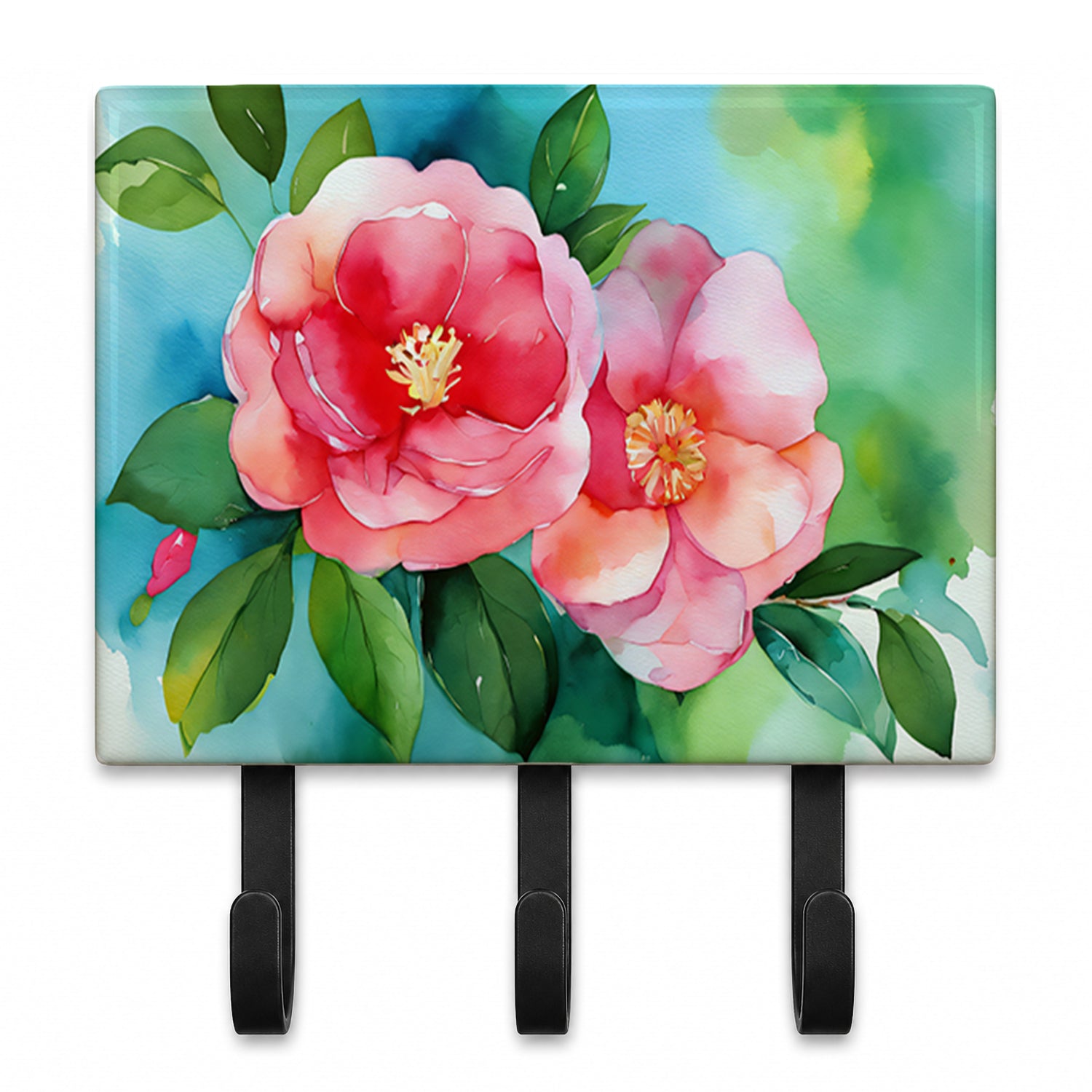 Alabama Camellia in Watercolor Leash or Key Holder Wall Hooks, Coat Rack Wall Mount, for Hanging Keys, Towels, Aprons, Leashes