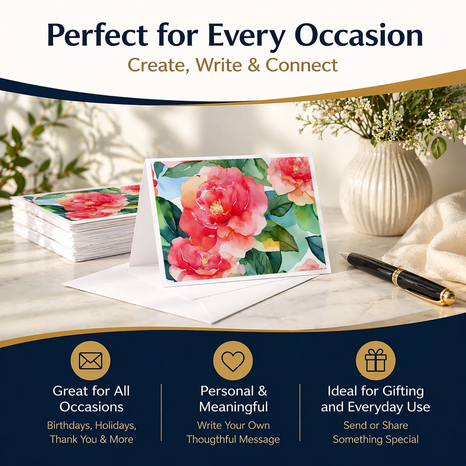 Alabama Camellia in Watercolor Greeting Cards Pack of 8 Blank Cards with Envelopes Whimsical A7 Size 5x7