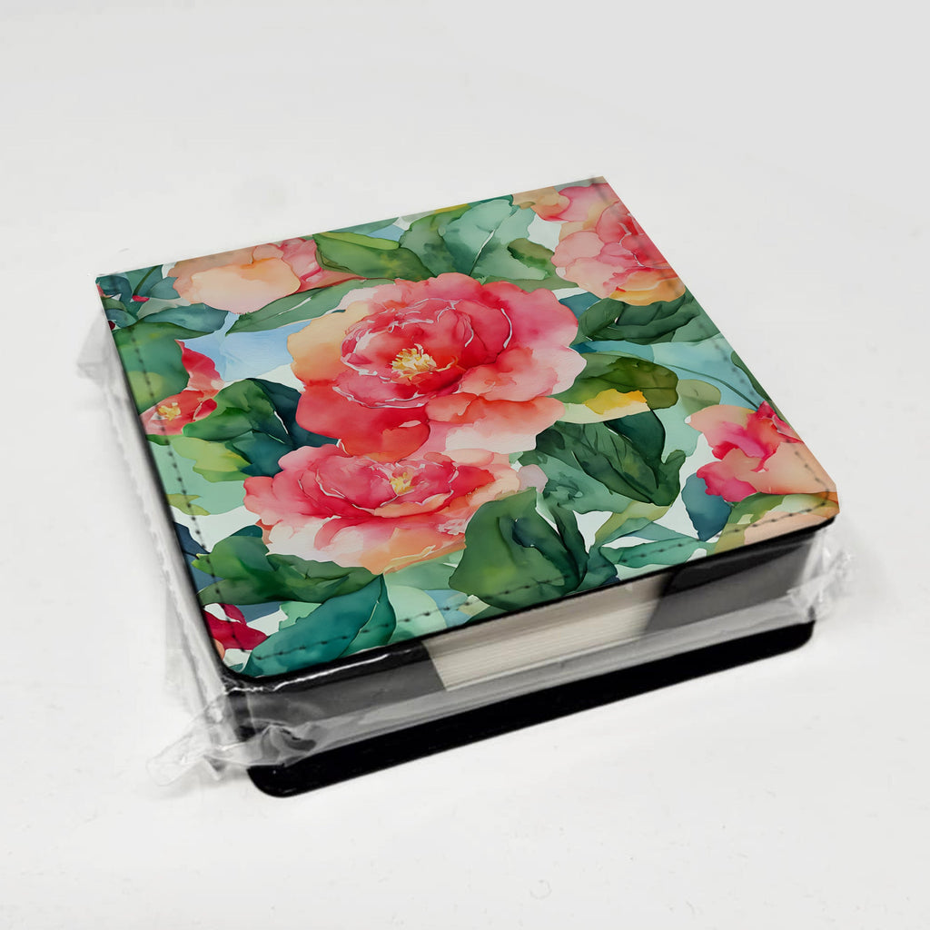 Alabama Camellia in Watercolor PU Leather Note Paper Holder with Artist-Designed Cover, Desk Accessory, Office Gift