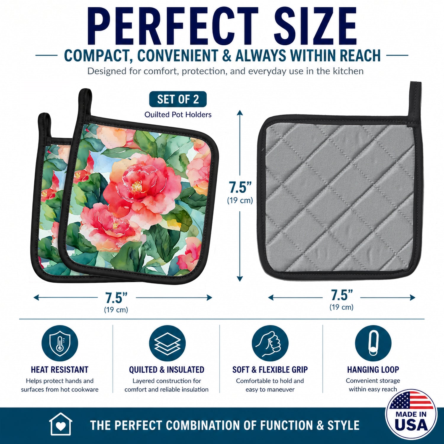 Alabama Camellia in Watercolor Pot Holder Set of 2 Heat Resistant Quilted Hot Pads 7.5 x 7.5 Inch, Insulated Kitchen Trivets for Cooking & Baking