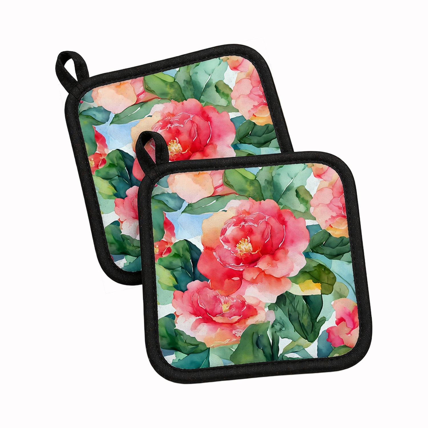 Alabama Camellia in Watercolor Pot Holder Set of 2 Heat Resistant Quilted Hot Pads 7.5 x 7.5 Inch, Insulated Kitchen Trivets for Cooking & Baking