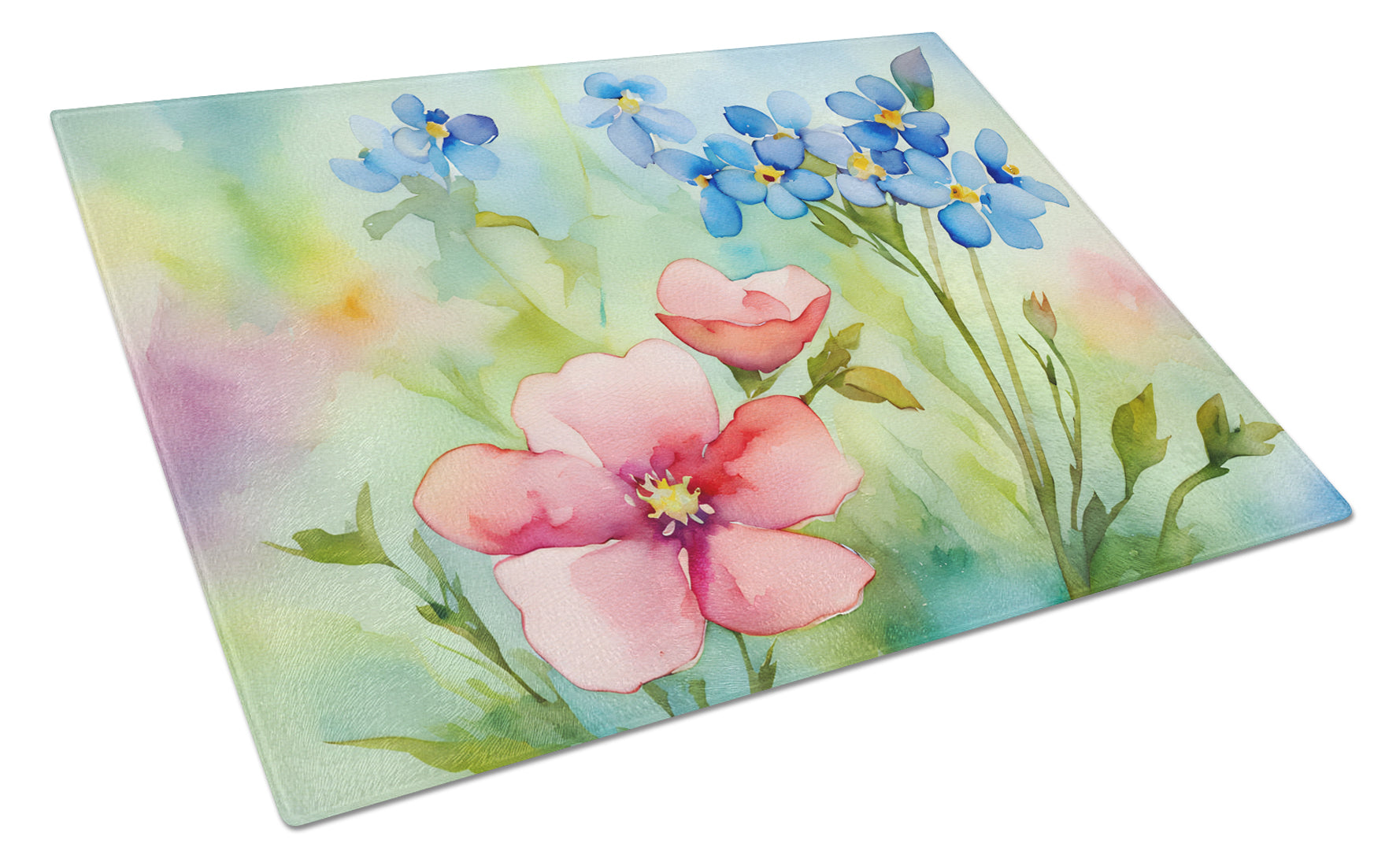Alaska Forget-me-nots in Watercolor Cutting Board Tempered Glass Kitchen Cutting Surface, Heat Resistant Chopping, Non-Slip Feet, Food Prep & Serving