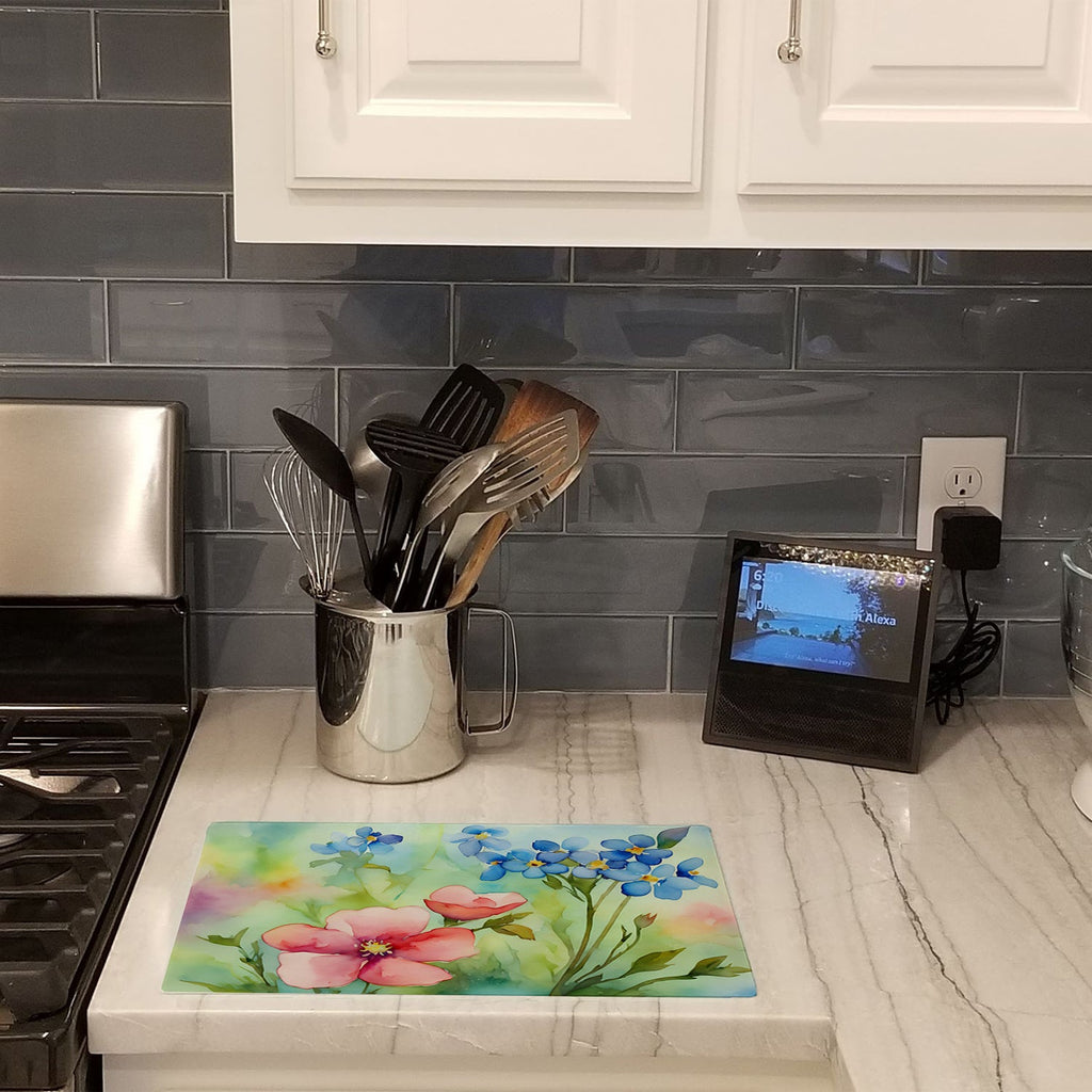 Alaska Forget-me-nots in Watercolor Cutting Board Tempered Glass Kitchen Cutting Surface, Heat Resistant Chopping, Non-Slip Feet, Food Prep & Serving