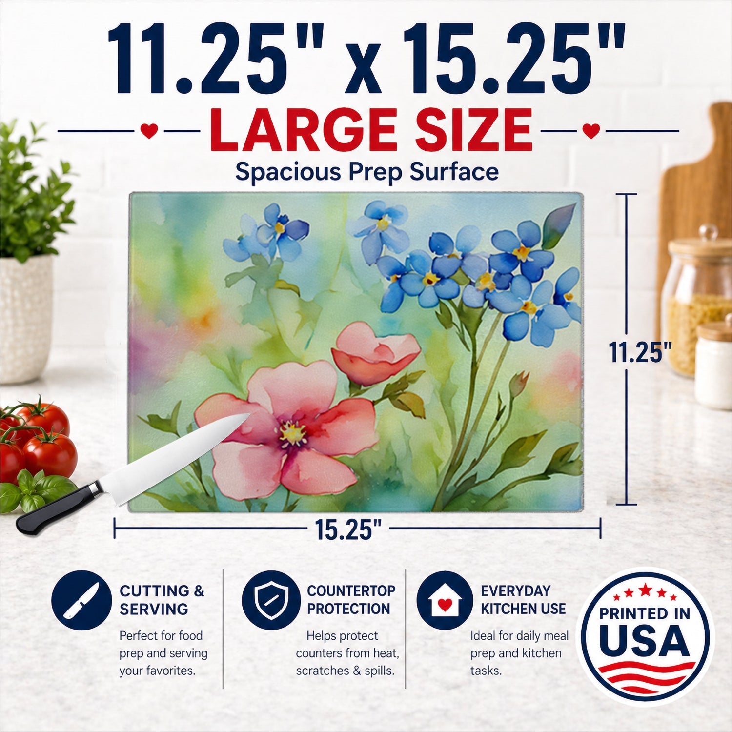 Alaska Forget-me-nots in Watercolor Cutting Board Tempered Glass Kitchen Cutting Surface, Heat Resistant Chopping, Non-Slip Feet, Food Prep & Serving