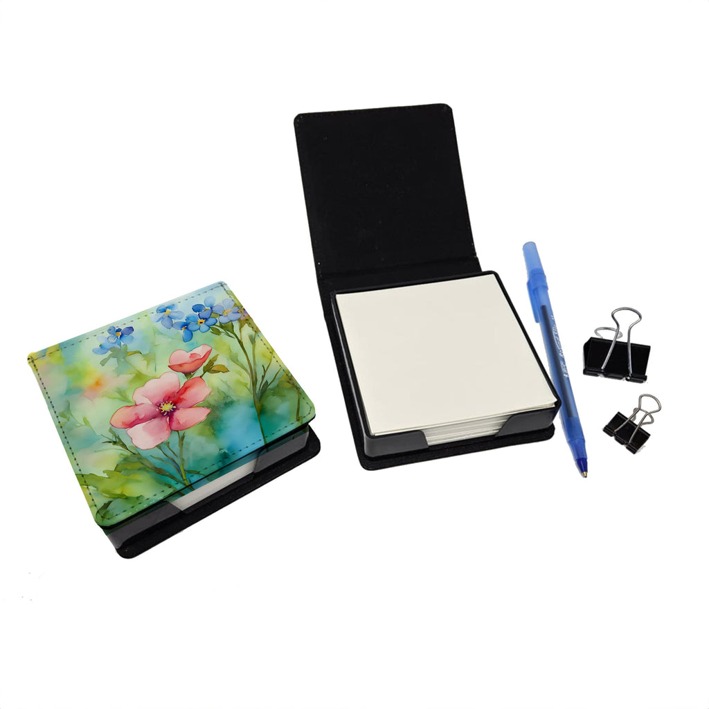Alaska Forget-me-nots in Watercolor PU Leather Note Paper Holder with Artist-Designed Cover, Desk Accessory, Office Gift