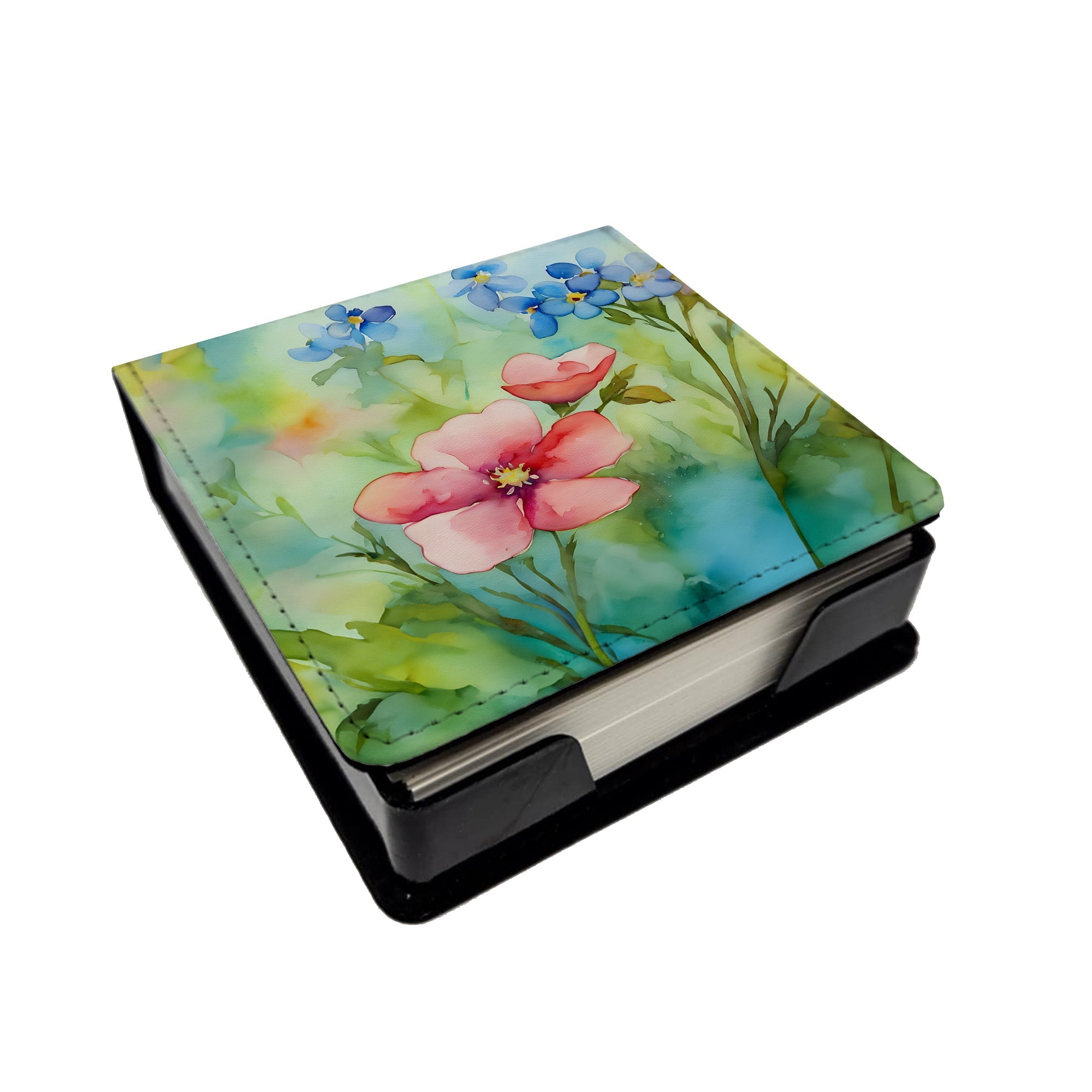 Alaska Forget-me-nots in Watercolor PU Leather Note Paper Holder with Artist-Designed Cover, Desk Accessory, Office Gift