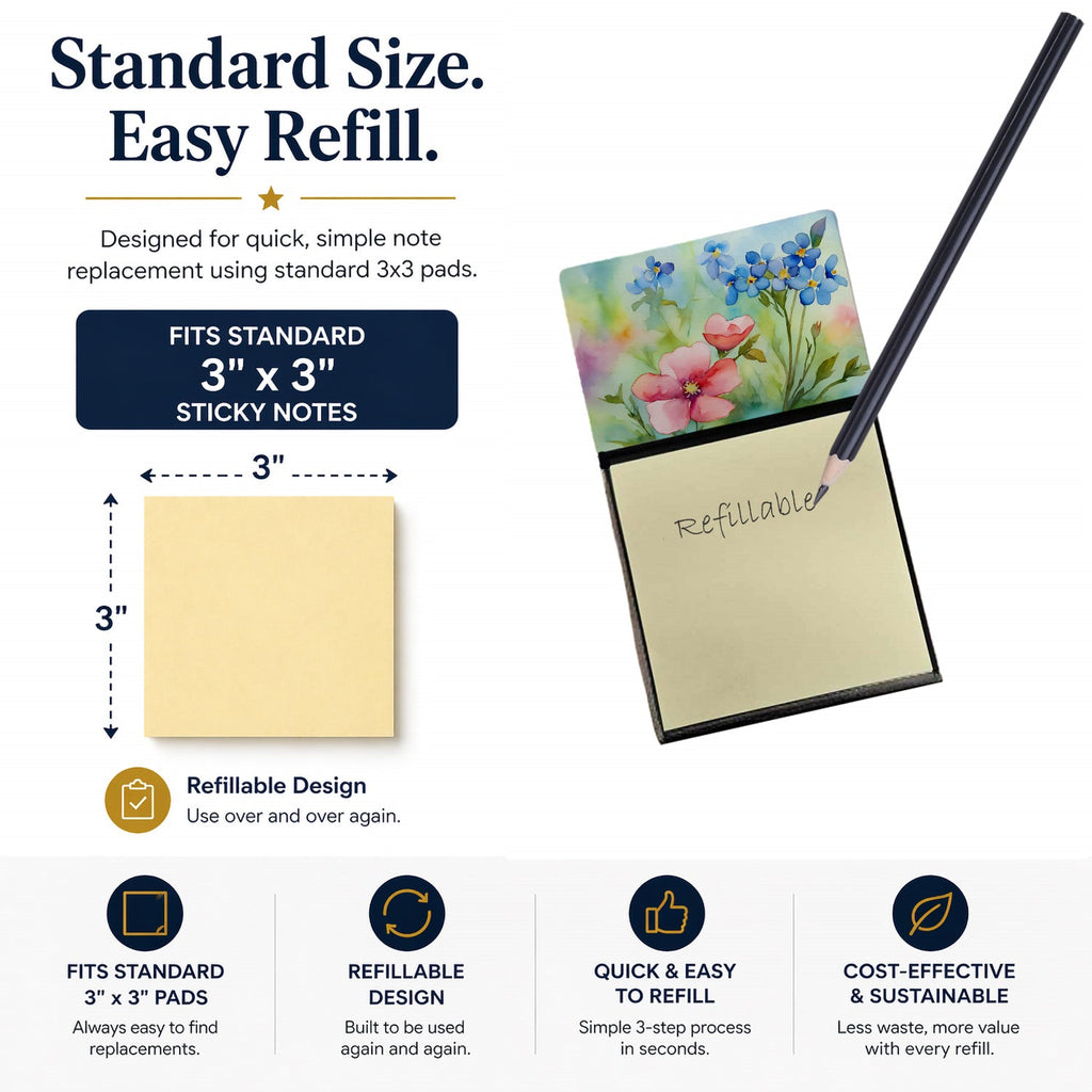 Alaska Forget-me-nots in Watercolor Watercolor Sticky Note Holder Refillable Dispenser Desk Accessory 3x3 Pad Gift