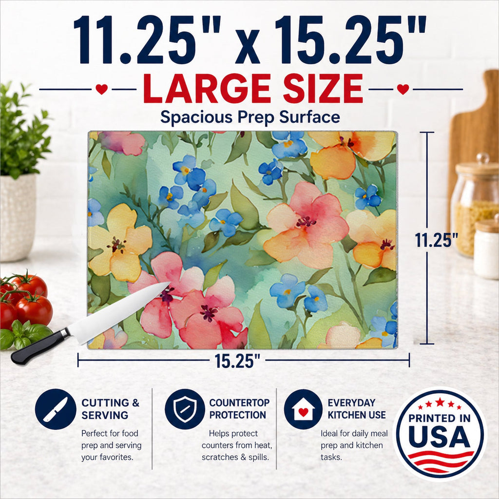 Alaska Forget-me-nots in Watercolor Cutting Board Tempered Glass Kitchen Cutting Surface, Heat Resistant Chopping, Non-Slip Feet, Food Prep & Serving
