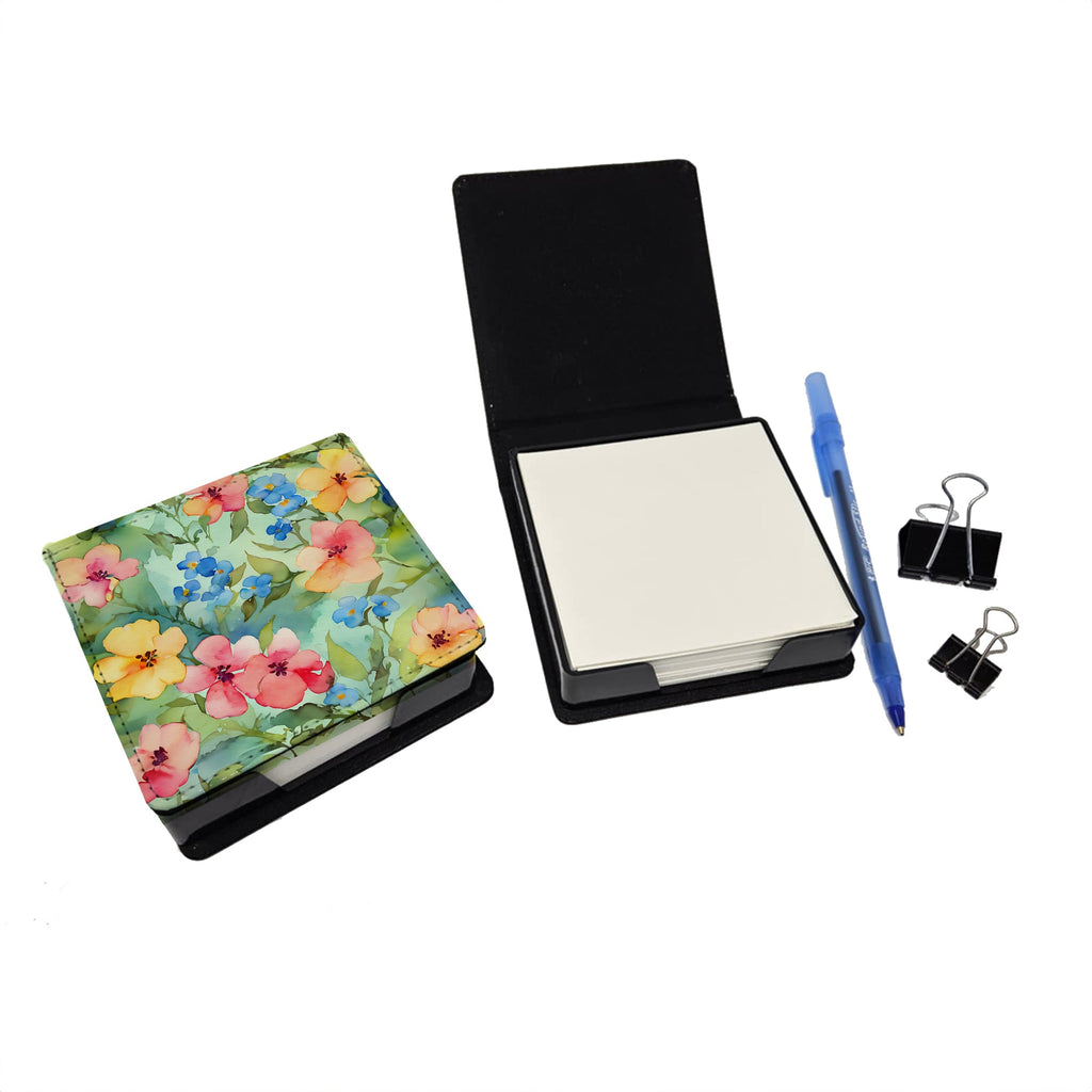 Alaska Forget-me-nots in Watercolor PU Leather Note Paper Holder with Artist-Designed Cover, Desk Accessory, Office Gift
