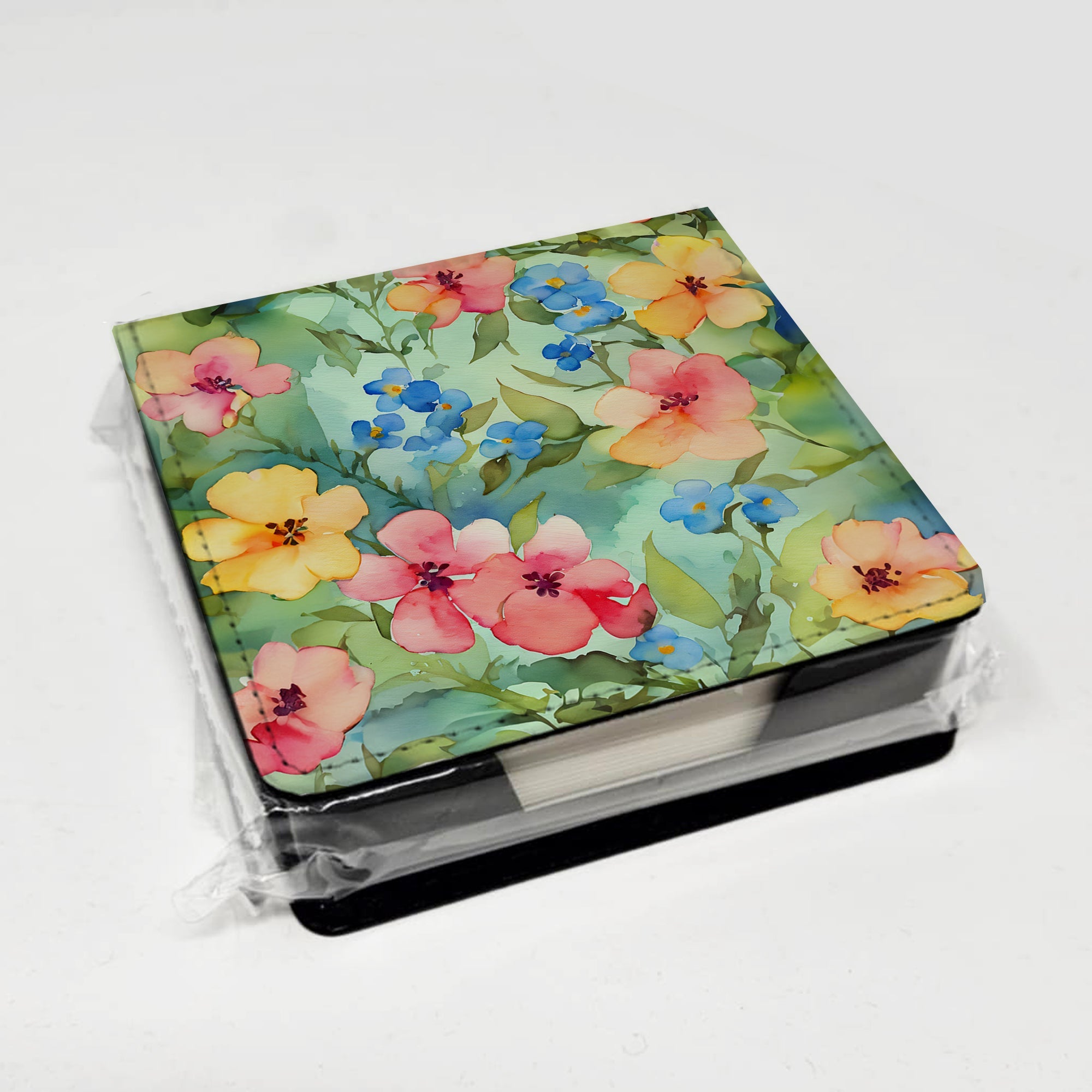 Alaska Forget-me-nots in Watercolor PU Leather Note Paper Holder with Artist-Designed Cover, Desk Accessory, Office Gift