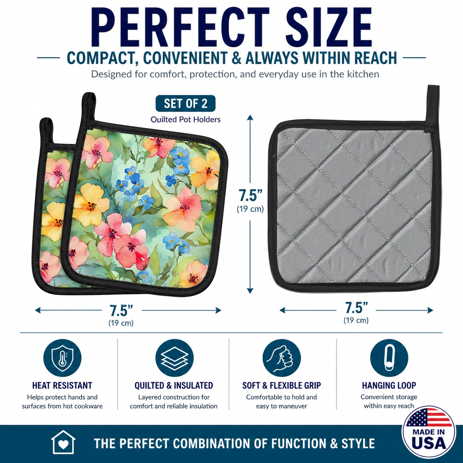 Alaska Forget-me-nots in Watercolor Pot Holder Set of 2 Heat Resistant Quilted Hot Pads 7.5 x 7.5 Inch, Insulated Kitchen Trivets for Cooking & Baking