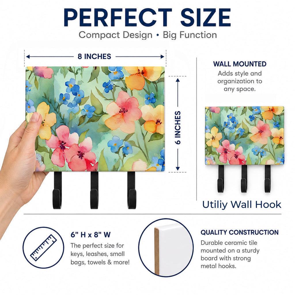 Alaska Forget-me-nots in Watercolor Leash or Key Holder Wall Hooks, Coat Rack Wall Mount, for Hanging Keys, Towels, Aprons, Leashes
