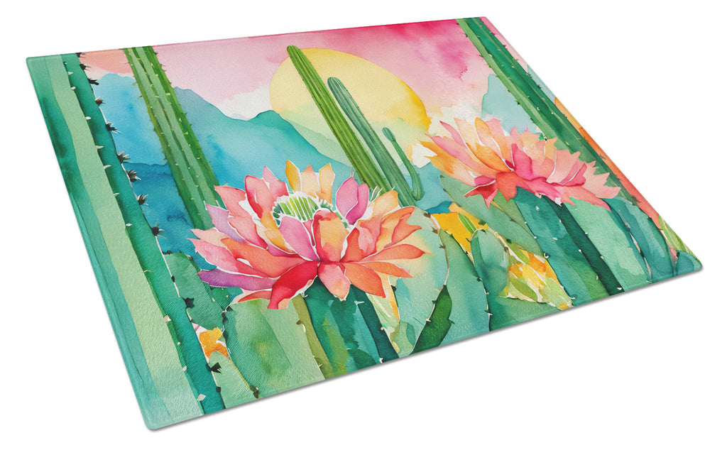 Arizona Saguaro Cactus Blossom in Watercolor Cutting Board Tempered Glass Kitchen Cutting Surface, Heat Resistant Chopping, Non-Slip Feet, Food Prep & Serving