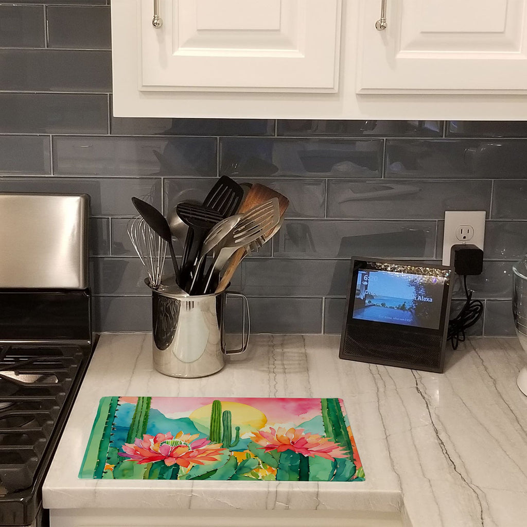 Arizona Saguaro Cactus Blossom in Watercolor Cutting Board Tempered Glass Kitchen Cutting Surface, Heat Resistant Chopping, Non-Slip Feet, Food Prep & Serving