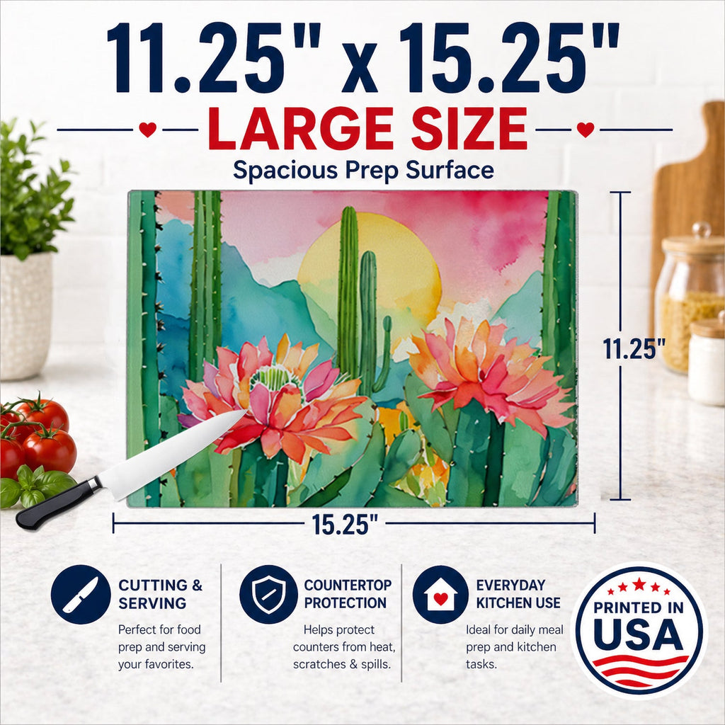 Arizona Saguaro Cactus Blossom in Watercolor Cutting Board Tempered Glass Kitchen Cutting Surface, Heat Resistant Chopping, Non-Slip Feet, Food Prep & Serving