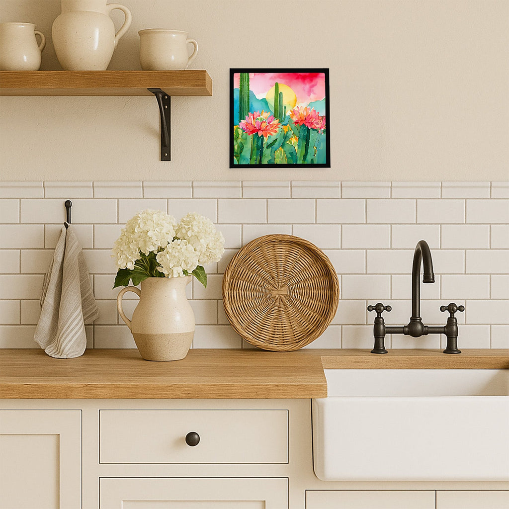 Arizona Saguaro Cactus Blossom in Watercolor Framed Metal Print Bathroom, Kitchen, Office, Home Decor Wall Art Ready to Hang, Square, 8X8