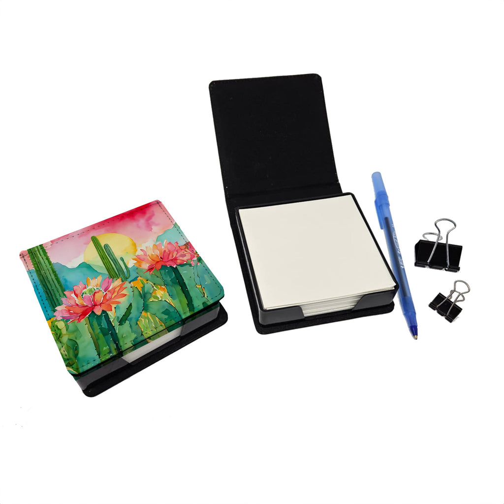 Arizona Saguaro Cactus Blossom in Watercolor PU Leather Note Paper Holder with Artist-Designed Cover, Desk Accessory, Office Gift
