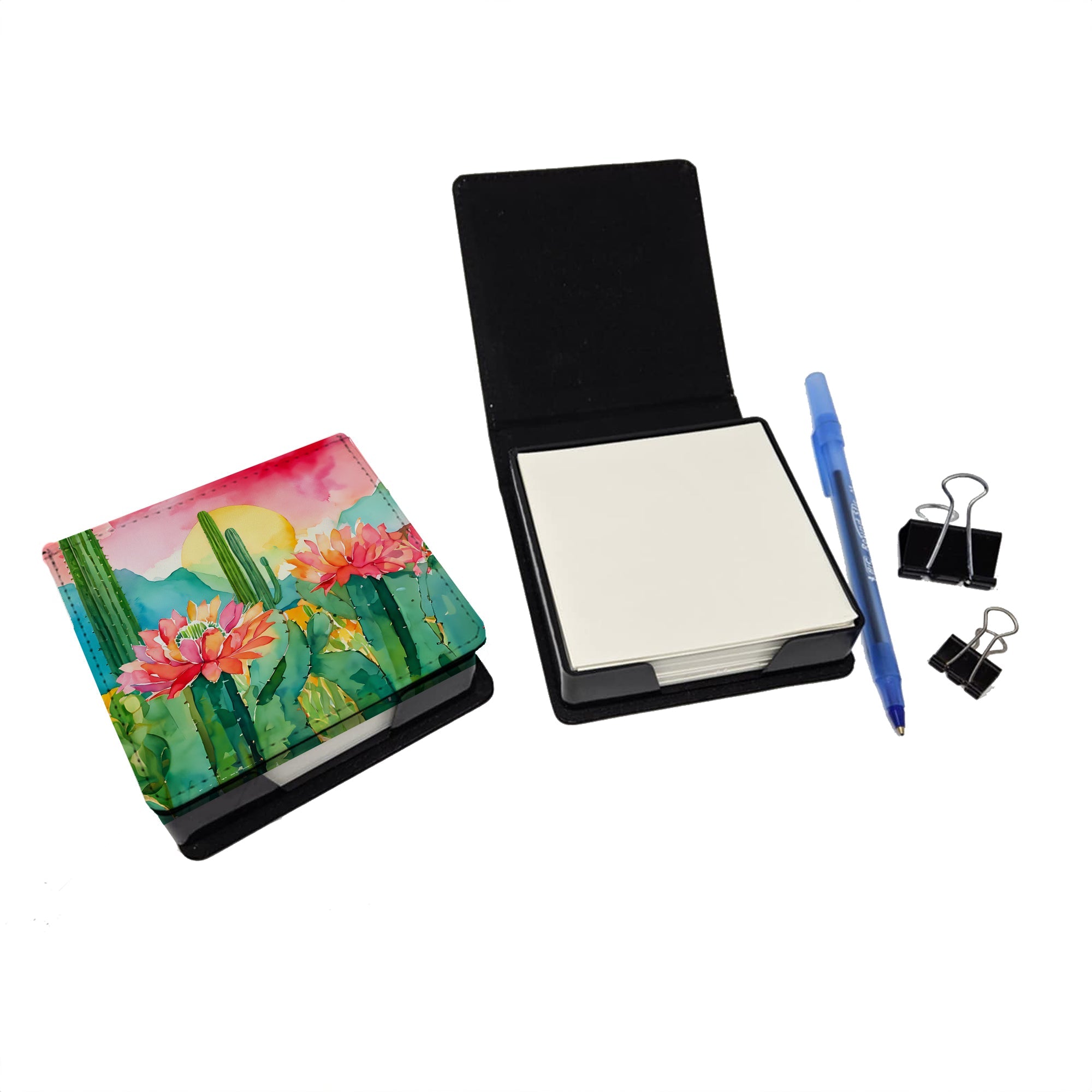 Arizona Saguaro Cactus Blossom in Watercolor PU Leather Note Paper Holder with Artist-Designed Cover, Desk Accessory, Office Gift